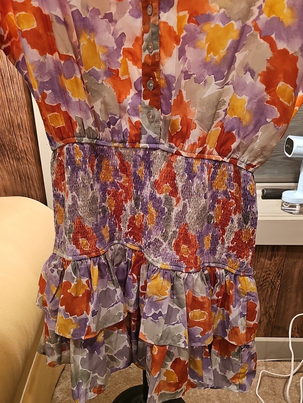 Entro Multicolor Floral V‑Neck Smocked ELAStic/gathered Waist Dress